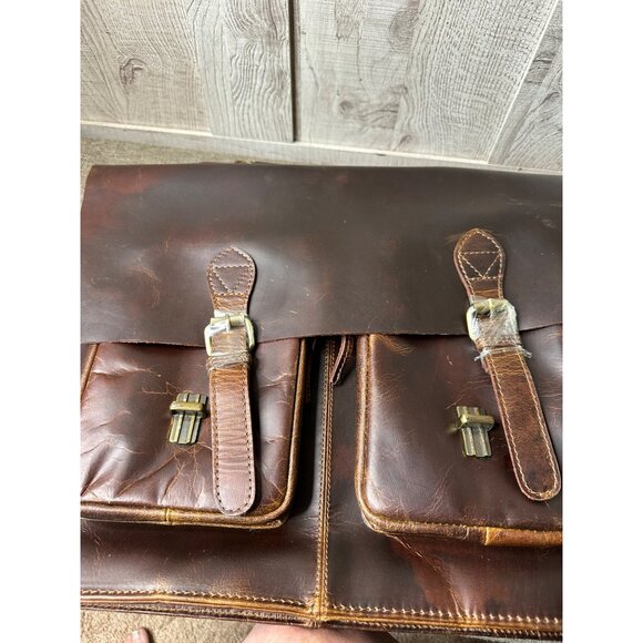 Leather Briefcase w/ Dual Buckle Closure & Detachable Shoulder Strap Brown - Picture 7 of 9